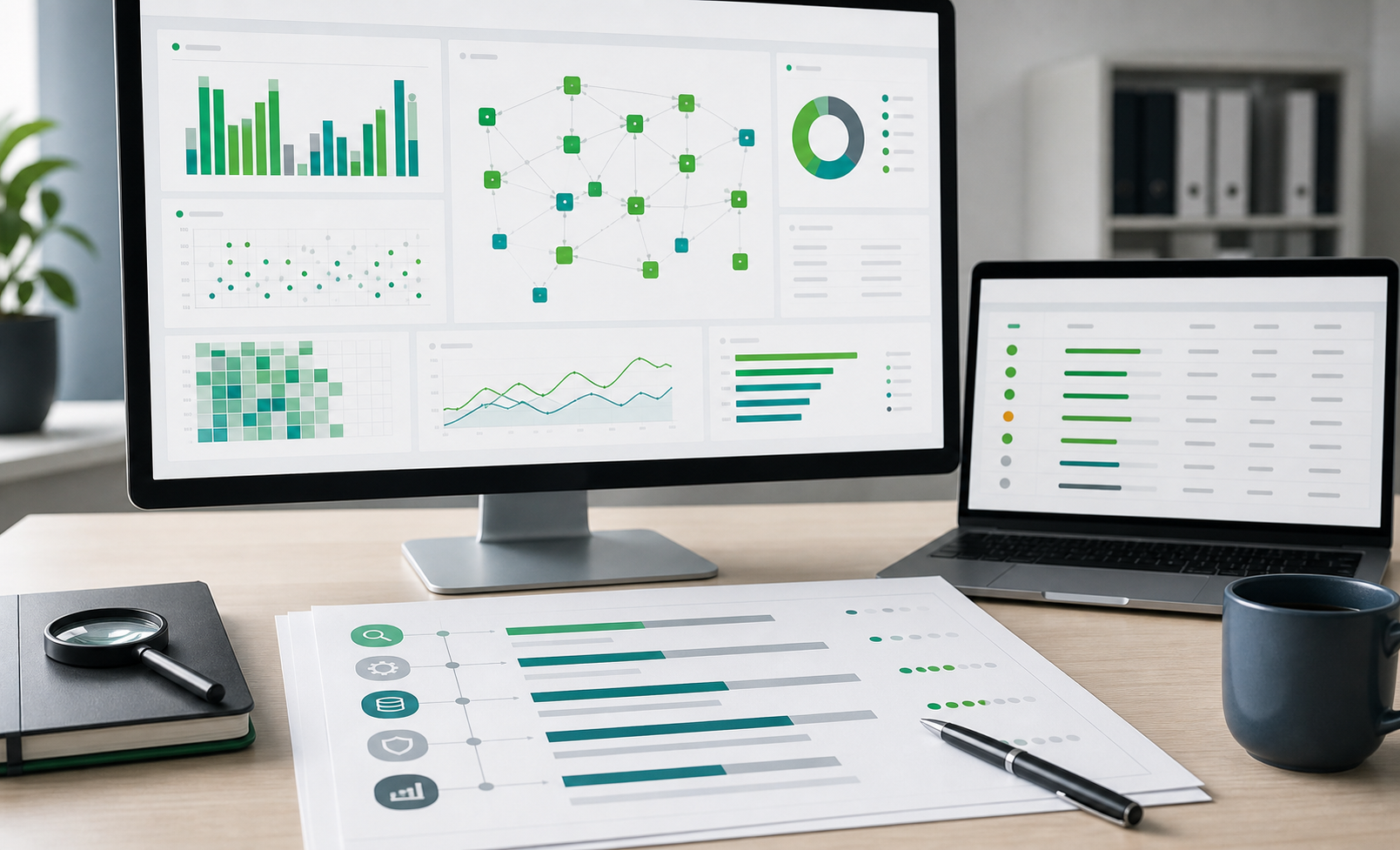 Data diagnostic workspace with dashboards, model nodes, and a roadmap report